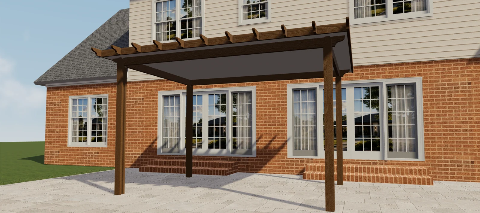 3D-Vorschau einer braunen Pergola in Holzoptik mit geschlossenem Dach und dekorativen Sparrenenden an einem Backsteinhaus.