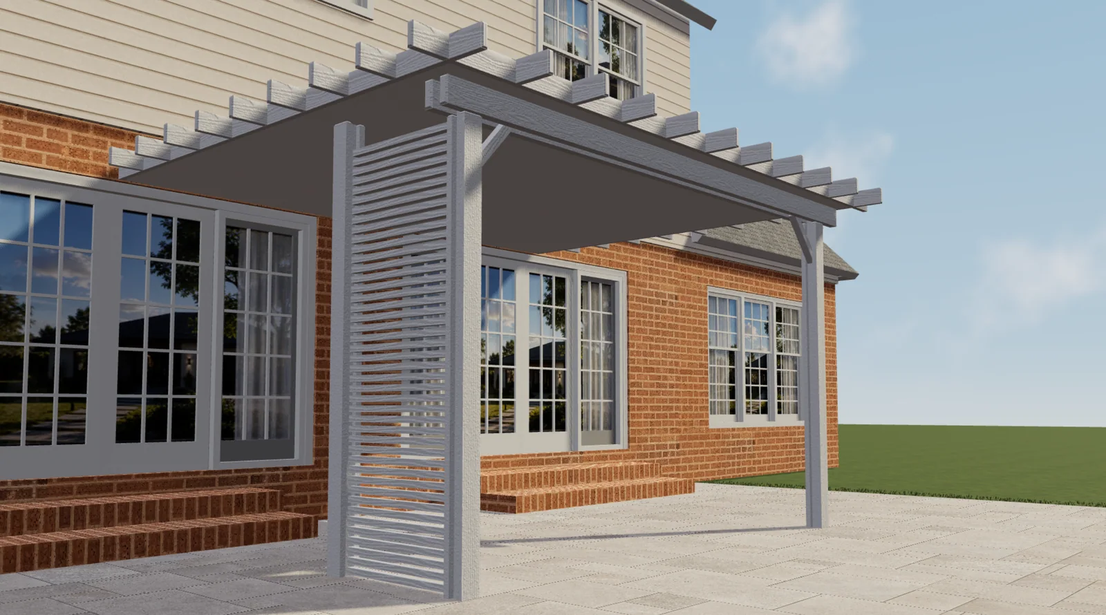 3D-Vorschau des Elite-Aluminum-Konfigurators: weiße Pergola mit geschlossenem Dach, dekorativen Sparrenenden, diagonalen Streben und seitlicher Lamellenwand neben einem Backsteinhaus.