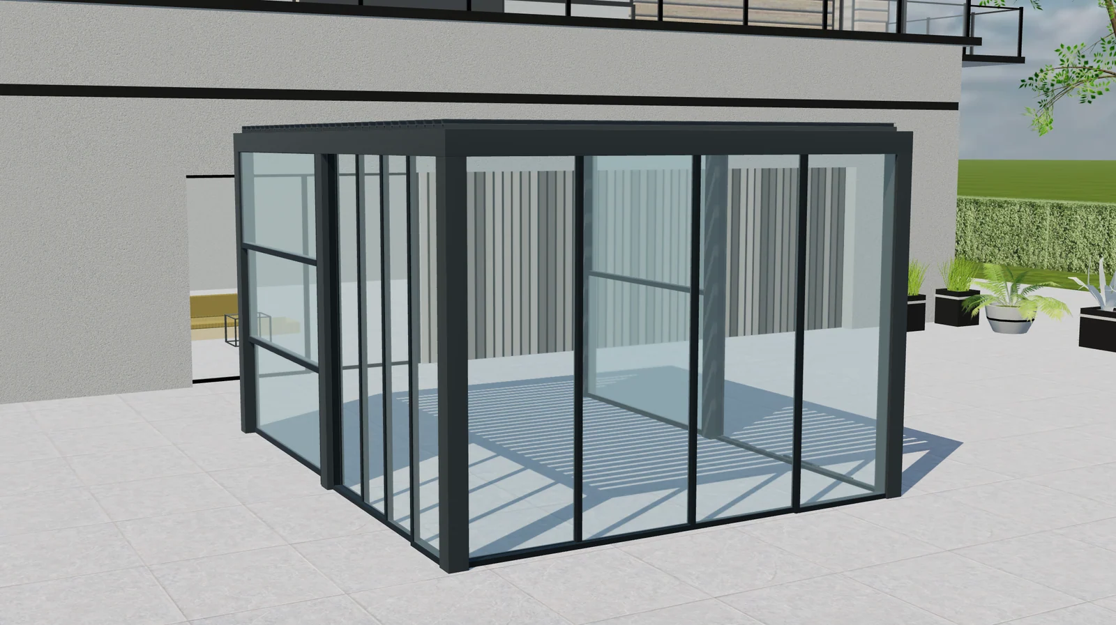 3D-Vorschau einer Tenteks-Italia-Pergola mit dunklem Rahmen, geöffnetem Lamellendach und Glaselementen in unterschiedlichen Positionen.