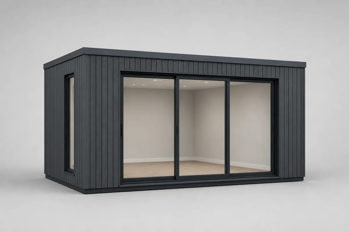 Anthrazitfarbenes Gartenzimmer mit Glasschiebetüren und vertikaler Verkleidung, Vorderansicht