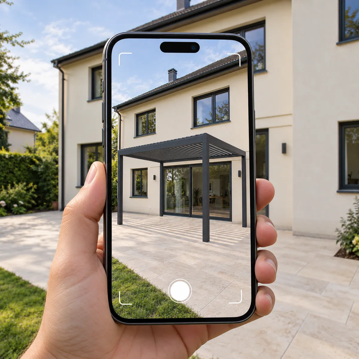 AR-Visualisierung auf einem Smartphone: Ein Lamellenpergola-Modell auf der Terrasse mit dem Haus im Hintergrund.